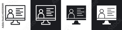 Online course icons pack in black and white filled and outlined versions.