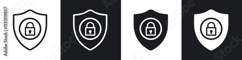 Shield lock icons pack in black and white filled and outlined versions.