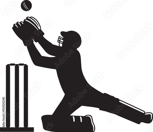 Cricket player silhouette icon, Wicket Keeper catching ball action vector art