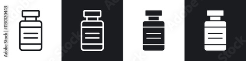 Vaccine vial icons pack in black and white filled and outlined versions.