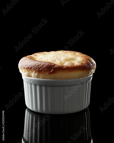 A risen souffle in a white dish on a black background photo