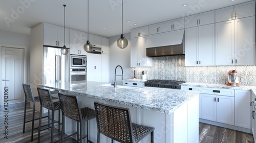 A modern kitchen featuring white cabinetry, quartz countertops