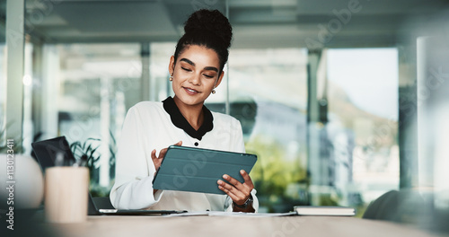 Business woman, tablet and office for connection, networking and research for financial agency. Female person, technology and scroll for information, corporate or investment opportunity as accountant