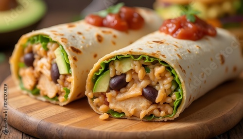 Close-Up of Sliced Chicken Burrito with Rice, Beans, and Vegetables photo