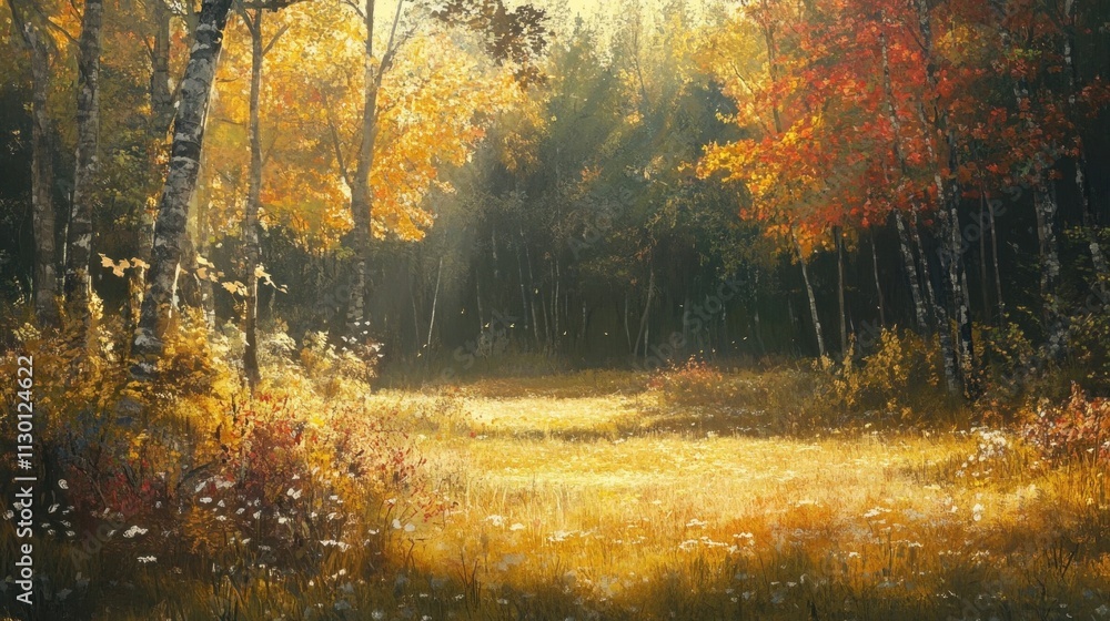 Obraz premium A painting of a forest with a path in the middle. The trees are full of leaves and the grass is yellow. The mood of the painting is peaceful and serene