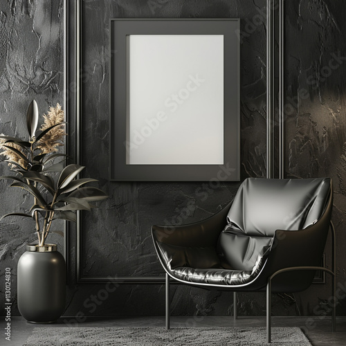 Picture frame mockup in dark tones with leather black armchair and decoration minimal.3d rendering.