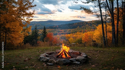A fire is burning in a fire pit in a forest. The fire is surrounded by a circle of rocks and there are trees in the background. The scene is peaceful and serene, with the fire providing warmth