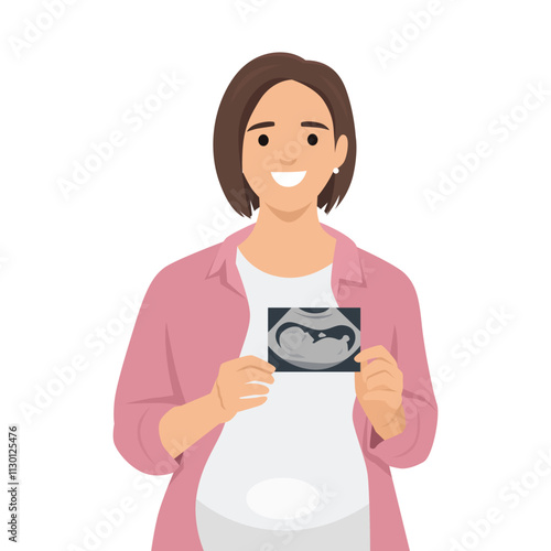 Young pregnant woman holds a picture of an ultrasound examination of the fetus in her hands. Flat vector illustration isolated on white background