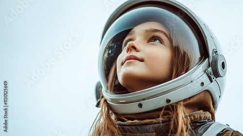 A young girl wearing an astronaut helmet, looking up dreamily at the sky. photo