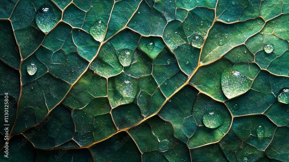 Obraz premium Close-up of dew drops on a vibrant green leaf, showcasing intricate leaf veins.