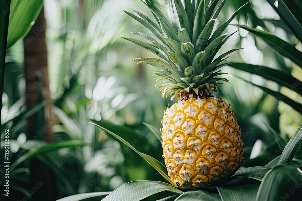 Obraz premium Ripe Pineapple Growing Among Lush Tropical Foliage