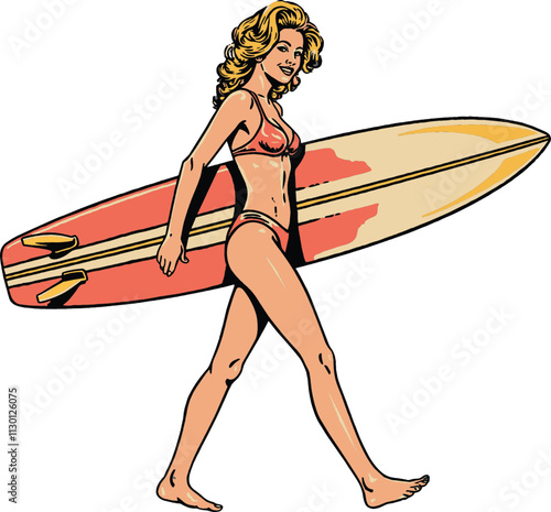 Girl with surf walk along the beach