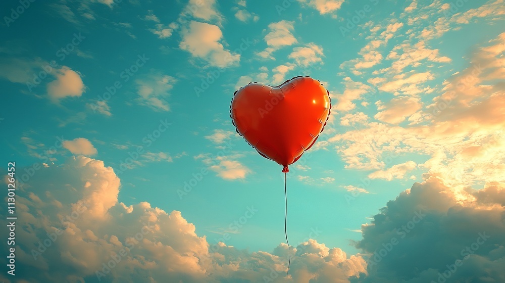 Fototapeta premium Heart Shaped Balloon Floating Into Serene Sky at Sunset Symbolizing Bittersweet Emotions of Love and Letting Go