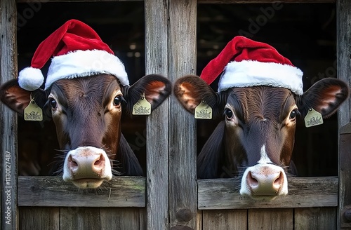 Two cows wearing Christmas hats with Santa hats in the barn photo