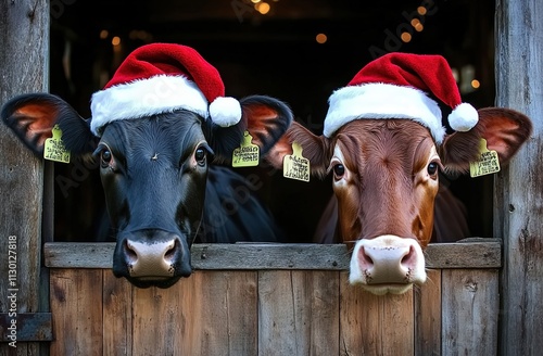 Two cows wearing Christmas hats with Santa hats in the barn photo