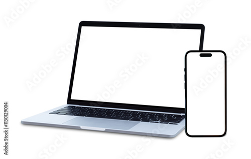 Laptop computer and mobile phone with blank screen isolated on white background