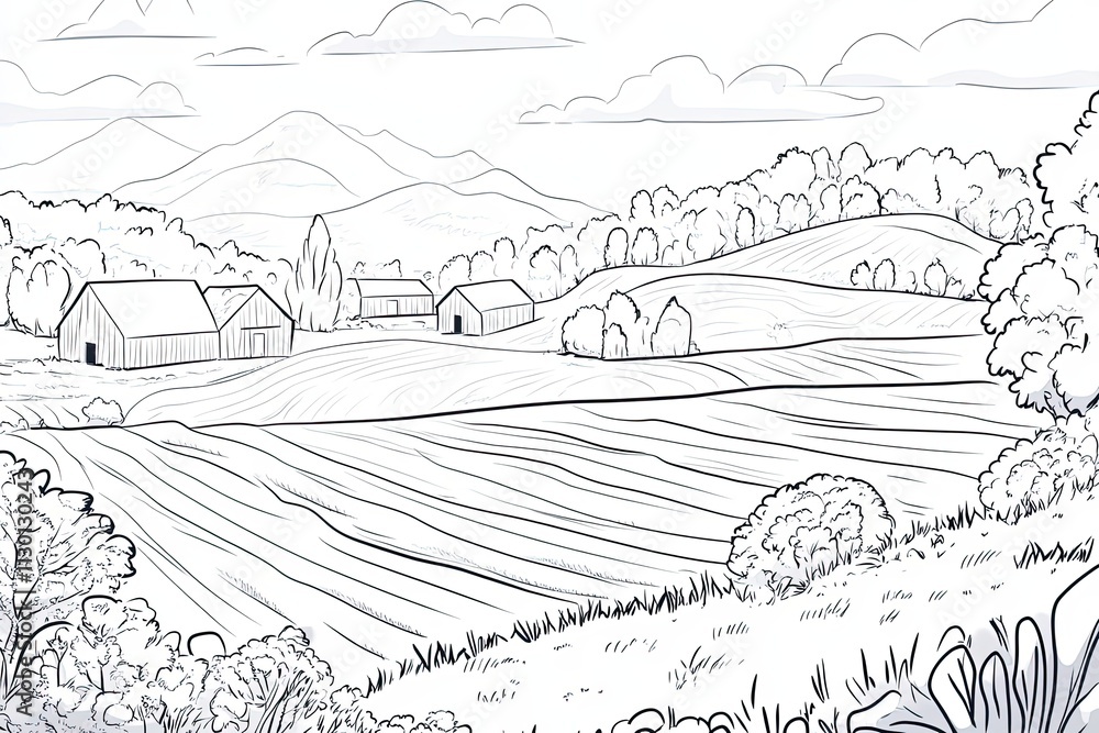 Fototapeta premium Rolling Hills Farm Scene With Barns And Trees