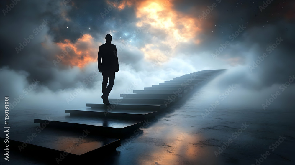 Obraz premium Man Ascends Steps to Celestial Cloudscape at Night