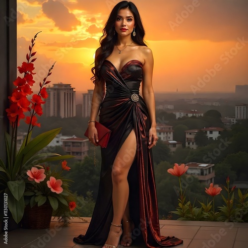 woman in a dress at sunset