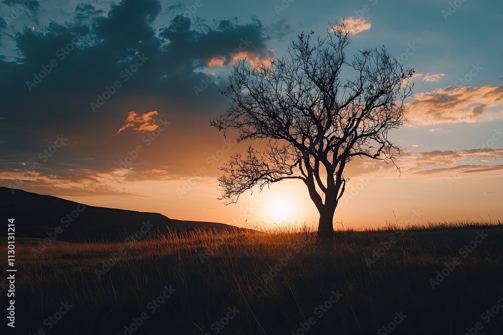 Fototapeta premium Savannah landscape with acacia trees silhouetted against a dramatic sunset
