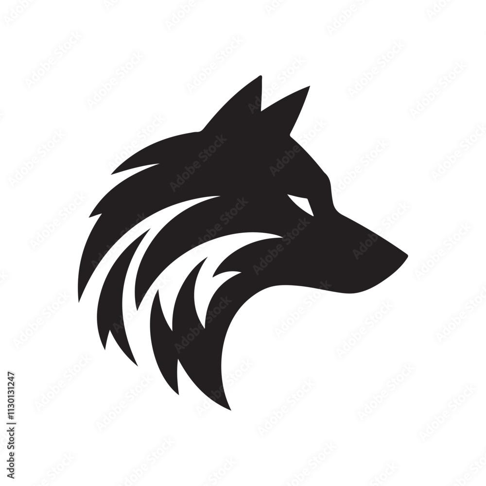 Obraz premium Minimalist wolf head logo vector, black silhouette of a wild predator profile on white background, modern geometric wolf icon for branding, sleek canine mascot eps for sports and gaming teams