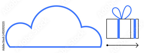 Cloud, gift box with bow, arrow pointing right. Ideal for cloud storage, online services, digital downloads, e-commerce, technology advancements data transfer internet services. Line metaphor