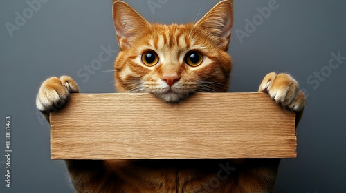 Ginger Cat Holds Wooden Sig...