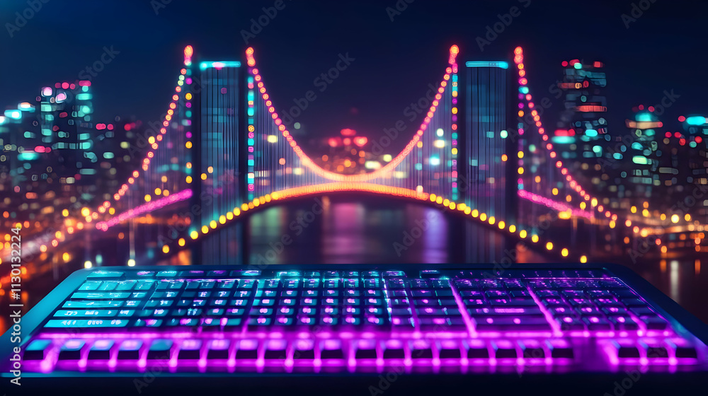Obraz premium Vibrant City Nights: Illuminated Bridge Keyboard