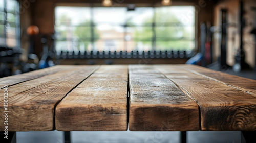 Rustic Wooden Table in Fitness Center: Strength, Exercise, Wellness, Gym, Workout, Training, Health, Fitness, Athleticism, Recreation photo