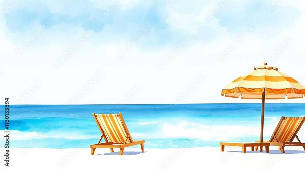 Obraz premium Seascape tropical beach with white sand, sun loungers, beach umbrella, summer vacation concept, hand drawn watercolor illustration, beach umbrella, watercolor illustration