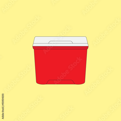 Red cooler box vector illustration. Portable refrigerator on yellow background. Food and cold drinks storage