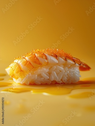 Hokkigai Nigiri, surf clam sushi on rice, isolated on solid bold background, minimalistic composition photo