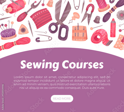 Sewing Tools Banner Design with Handcraft Equipment Vector Template
