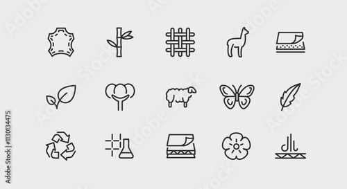 Fabric Materials icons. Set of 15 trendy minimal icons showcasing natural and synthetic materials used in fabric and textile production. Example: Cotton, Leather, Wool, Silk icons. Vector illustration