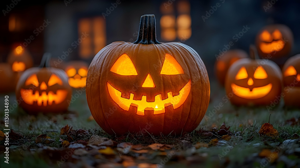 Fototapeta premium Carved Pumpkins Illuminate Autumn Night, Festive Halloween Decorations Glow Brightly Outdoors