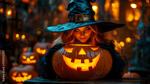 Witch Holds Lit Jack-o'-lan...