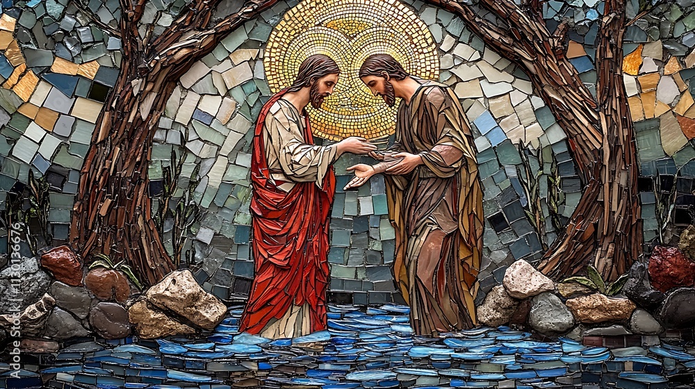 Naklejka premium Intricate mosaic of Saint John the Baptist baptizing Jesus in a river, vibrant blue and green tiles depicting flowing water, golden halos radiating light,