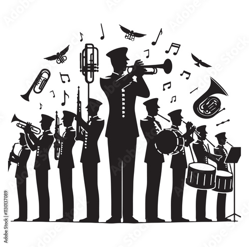 Marching band playing instruments Silhouette vector illustration