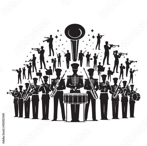 Marching band playing instruments Silhouette vector illustration