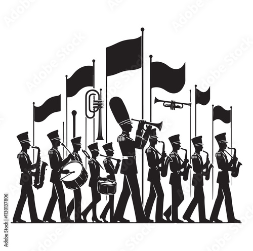 Marching band playing instruments Silhouette vector illustration
