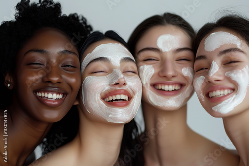 Four women are smiling and wearing white face masks. They are all happy and enjoying their time together