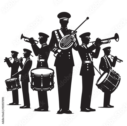 Marching band playing instruments Silhouette vector illustration