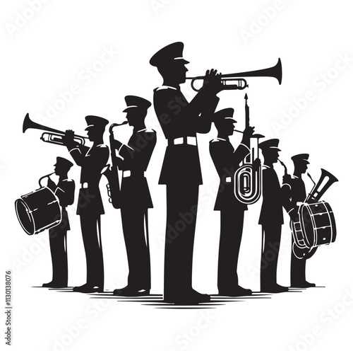 Marching band playing instruments Silhouette vector illustration