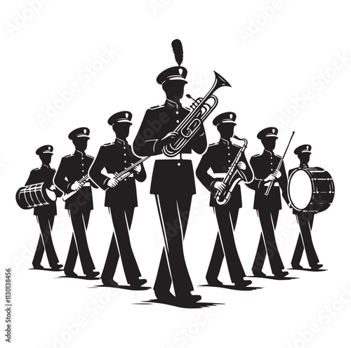 Marching band playing instruments Silhouette vector illustration