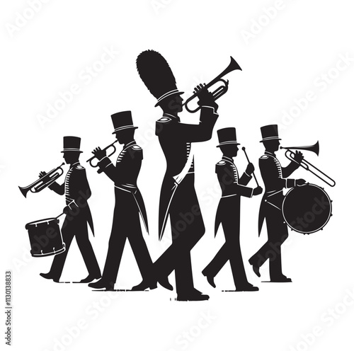 Marching band playing instruments Silhouette vector illustration