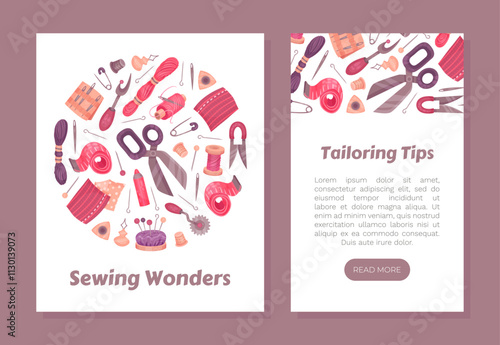 Sewing Tools Banner Design with Handcraft Equipment Vector Template