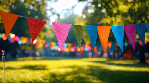 Colorful Bunting Flags Decorate Sunny Park Celebration