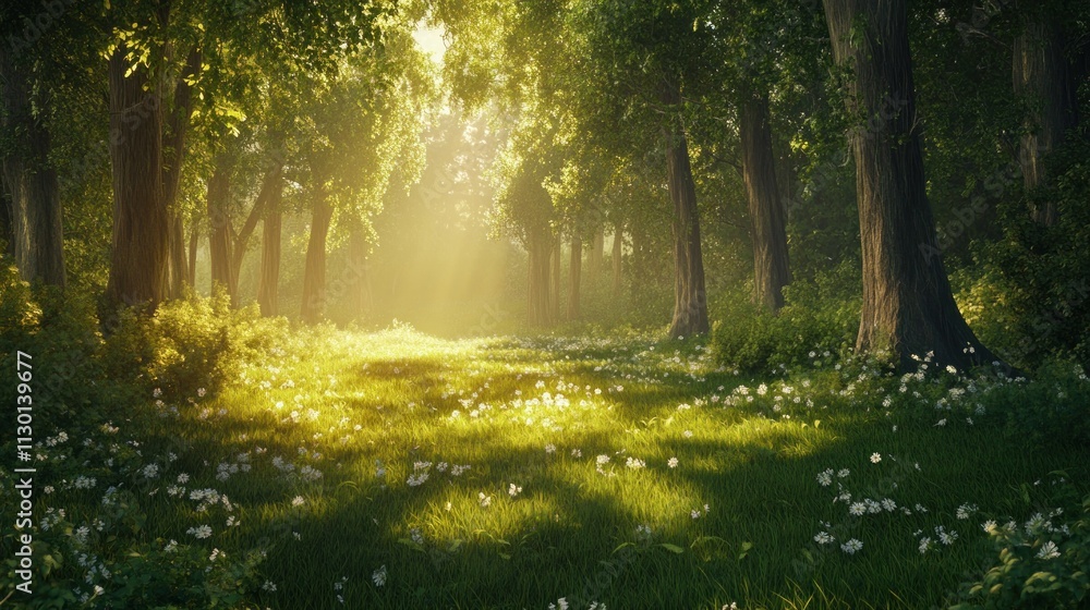 Obraz premium A beautiful forest with bright green grass growing in the golden sun shining through the trees, background wallpaper AI generated image