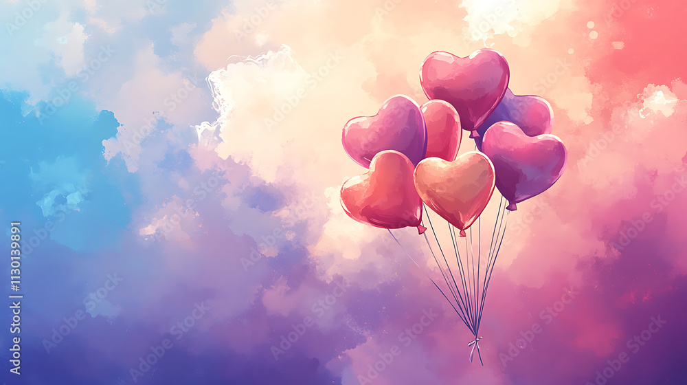 Obraz premium bouquet of heart shaped balloons floating in colorful sky