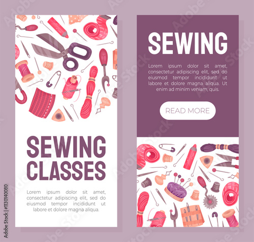 Sewing Tools Banner Design with Handcraft Equipment Vector Template